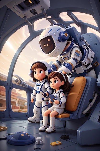 Ilustración de una chica astronauta y un robot en la nave espacial