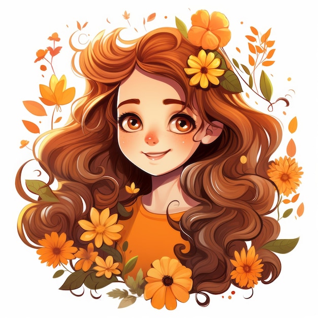 una ilustración de una chica con cabello largo y flores en su cabello