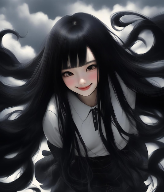 Ilustración de una chica con cabello negro y un cielo nublado