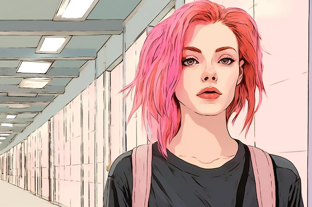 Ilustración de una chica con el cabello rosa en el fondo del pasillo