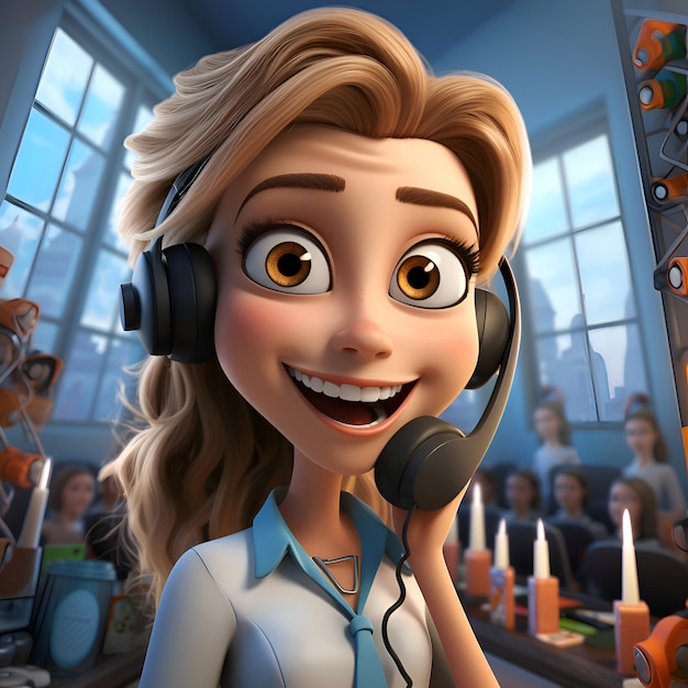 Ilustración de una chica en un centro de llamadas con un auricular