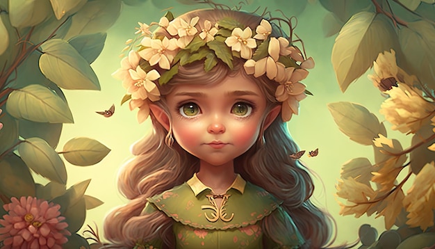 Ilustración de una chica dulce y bonita rodeada de flores Concepto de primavera Personaje de cuento de hadas IA generativa