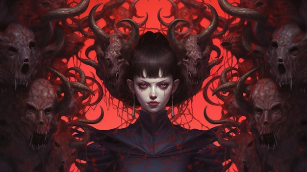 Ilustración de una chica gótica con cuernos y sangre en la cara
