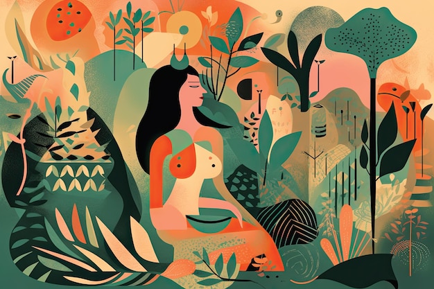 ilustración de una chica hermosa con un vestido largo en el fondo de la naturaleza