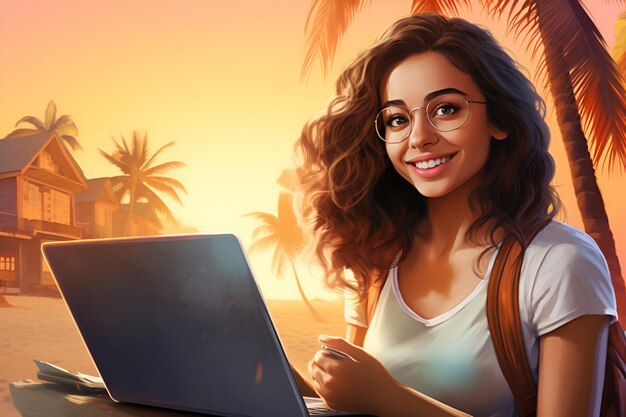 Ilustración de una chica independiente con una computadora portátil en una playa soleada