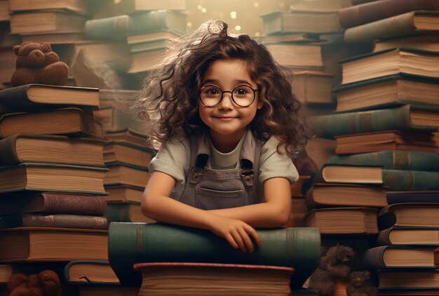 Una ilustración de una chica linda e inteligente con gafas en una biblioteca misteriosa generada por la IA