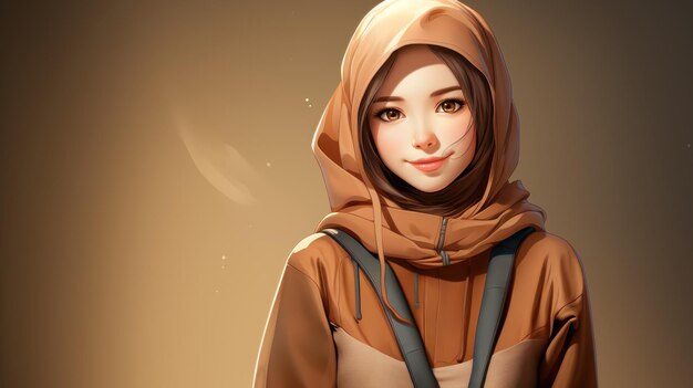 Ilustración de una chica musulmana asiática con hijab en fondo marrón