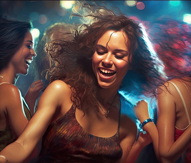 Ilustración de chicas bailando alegremente en una discoteca con luces de colores en el fondo