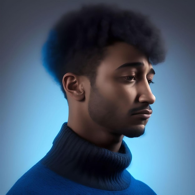 Ilustración de un chico afroasiático americano con un concepto de camisa de cuello alto azul