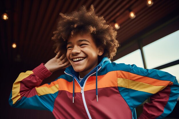 la ilustración de un chico de moda con una chaqueta de arco iris sonriendo para la cámara está posando sobre un fondo de arco iris