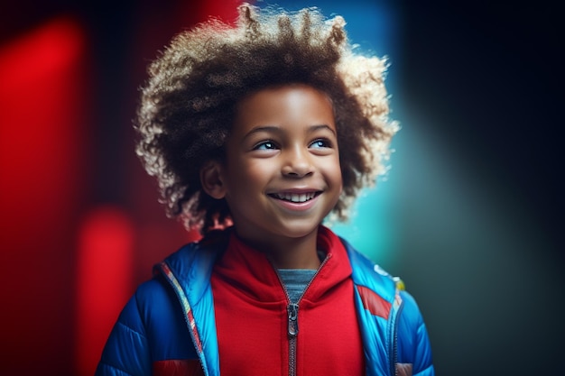 la ilustración de un chico de moda con una chaqueta de arco iris sonriendo para la cámara está posando sobre un fondo de arco iris