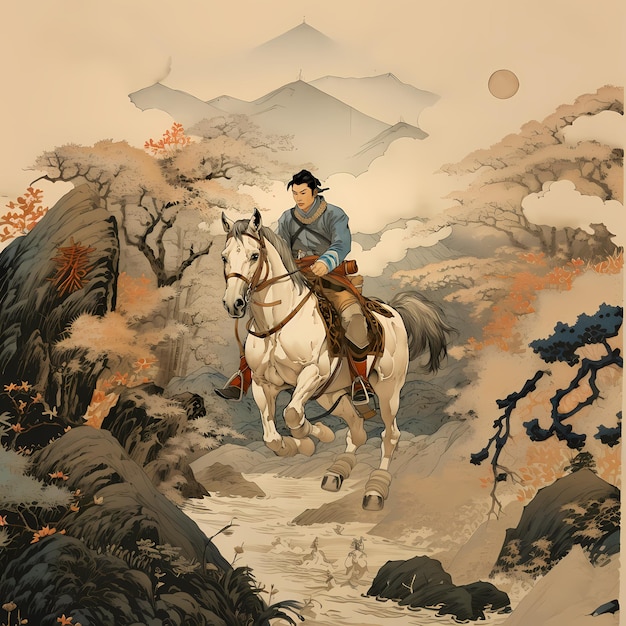 Ilustración china pinturas chinas máscara de samurai vectorronin samurai