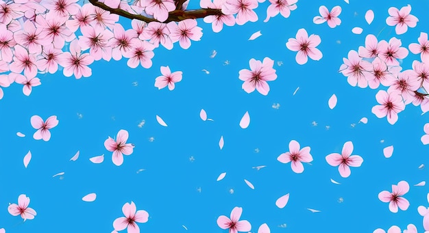 Foto ilustración de un cielo azul y pétalos de sakura bailando