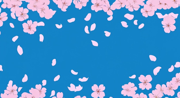 Foto ilustración de un cielo azul y pétalos de sakura bailando