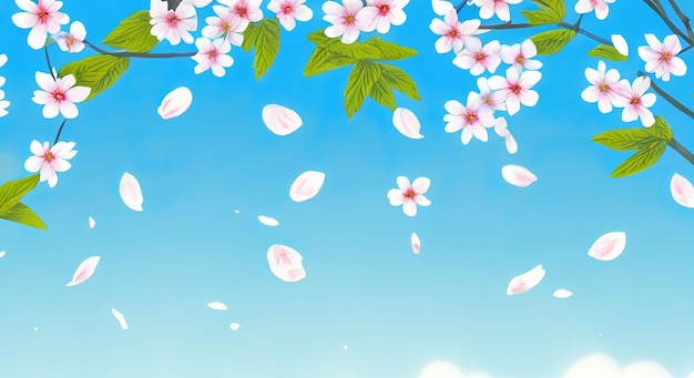 Foto ilustración de un cielo azul y pétalos de sakura bailando