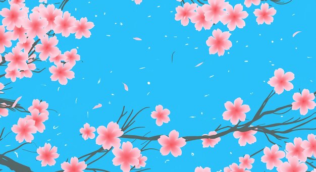 Foto ilustración de un cielo azul y pétalos de sakura bailando