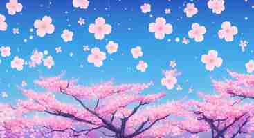 Foto ilustración de un cielo azul y pétalos de sakura bailando