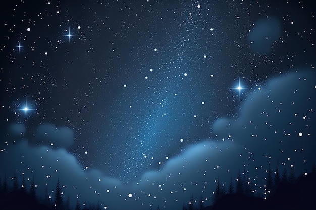 Ilustración del cielo nocturno con estrellas brillantes y nieve que cae