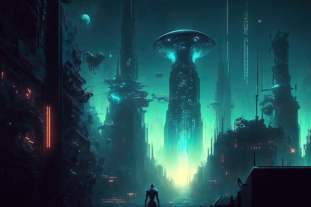 Ilustración de la ciencia ficción futurista de la metrópolis de la noche cyberpunk