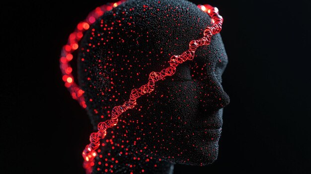 Una ilustración científica abstracta que muestra un código genético rojo brillante en una estructura abstracta de ADN