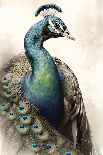 Ilustración científica de estilo de dibujo de un pavo real macho AI generativa