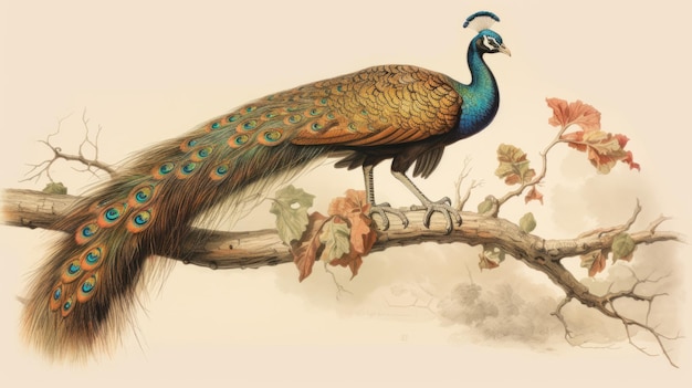 Ilustración científica de estilo victoriano del pavo real en la rama