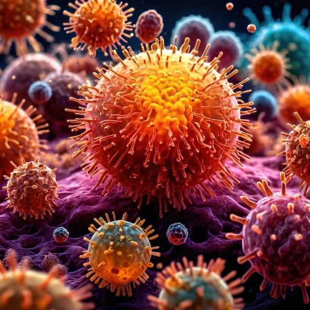 Foto ilustración científica médica microscópica de bacterias, virus y otros microorganismos germinativos