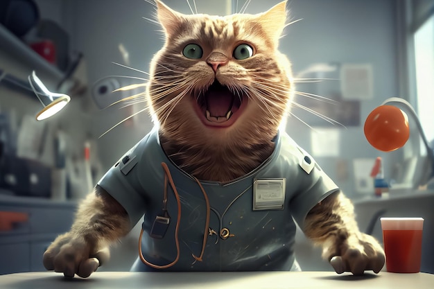 Ilustración de un científico gato asombrado que realiza experimentos científicos en un laboratorio químico AI