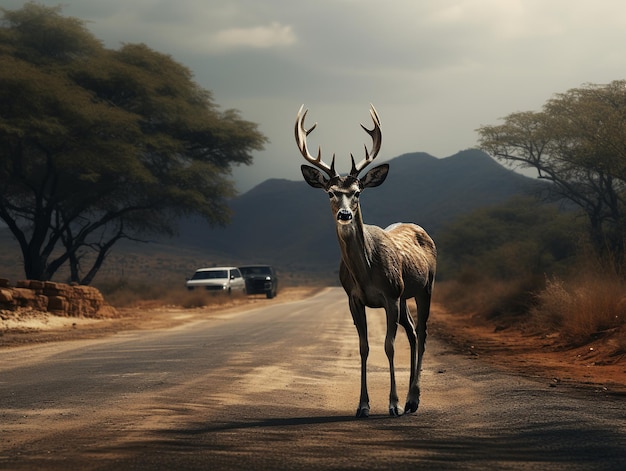 Ilustración de un ciervo en la carretera delante del vehículo