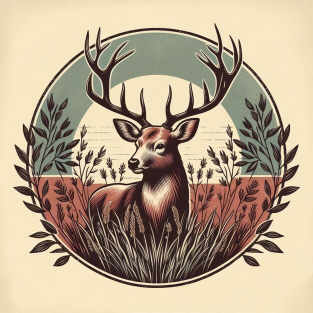 Foto ilustración de ciervos en la naturaleza estilo emblema vintage