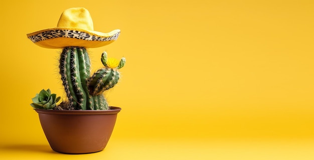 Ilustración para Cinco De Mayo Cactus con sombrero mexicano con espacio de copia Generativo ai