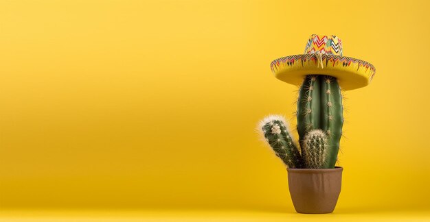 Ilustración para Cinco De Mayo Cactus con sombrero mexicano con espacio de copia Generativo ai