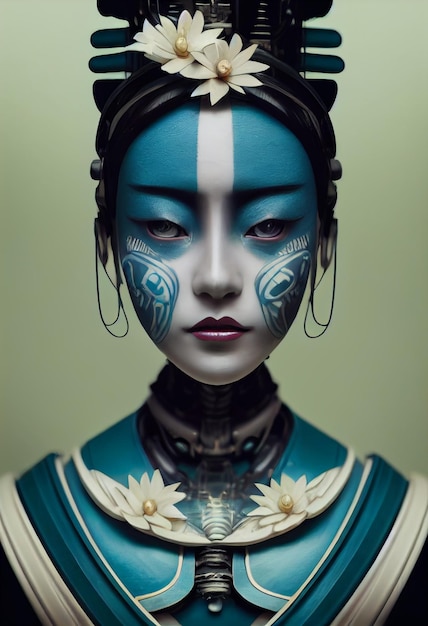 Ilustración cinematográfica de una mujer geisha robot androide como personaje cinematográfico y fotorrealista hecho de cara de porcelana de marfil Arte generado por computadora de red neuronal AI