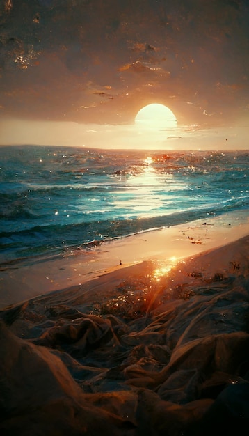 Ilustración cinética del entorno de la puesta de sol en la playa