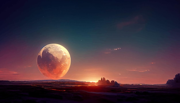 Ilustración cinmática del entorno de la puesta de sol de la luna