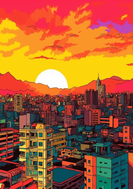 Ilustración de una ciudad con un atardecer de fondo ai generativo