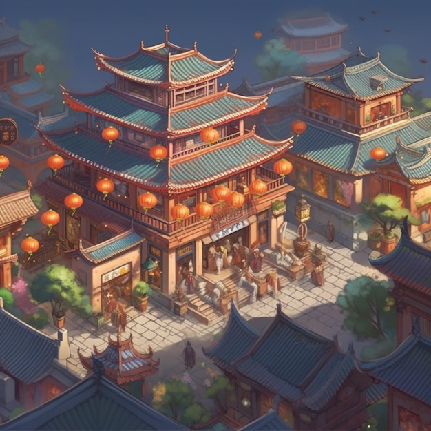 ilustración de una ciudad china con una pagoda y linternas ai generativa