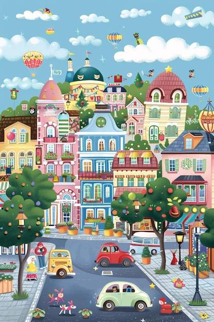 Ilustración de la ciudad de cuentos de hadas de dibujos animados europeos