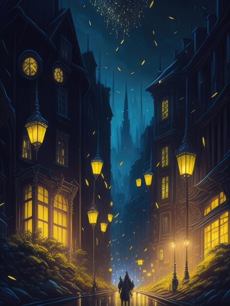 Ilustración de una ciudad mágica con luces parpadeantes mientras las luciérnagas enjambran el cielo