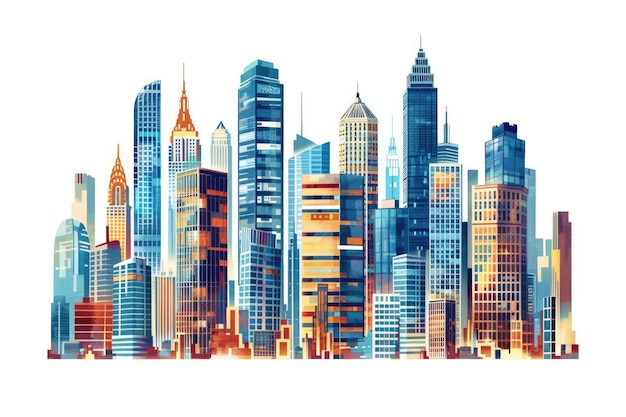 Ilustración de una ciudad moderna con rascacielos, bancos y edificios de oficinas