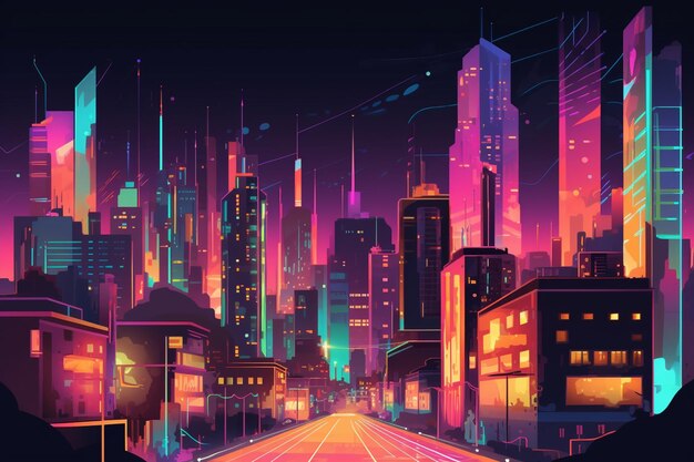 Ilustración de ciudad nocturna vectorial con brillo de neón y colores vivos