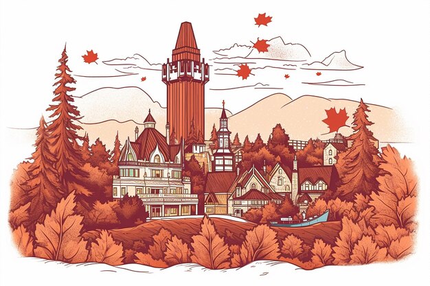 Una ilustración de una ciudad en otoño.