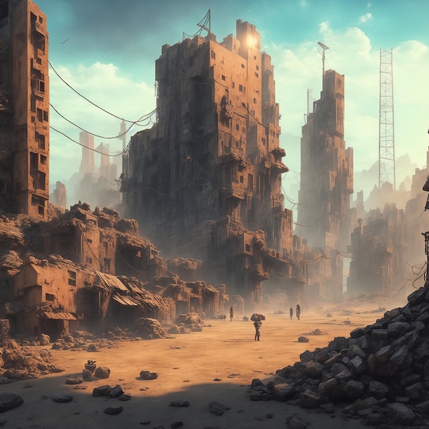 Ilustración de una ciudad post-apocalíptica ai arte