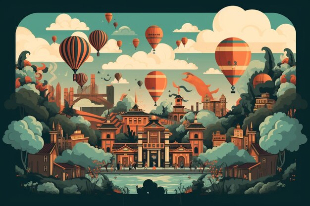 Ilustración de una ciudad con un río y globos aerostáticos generativos ai