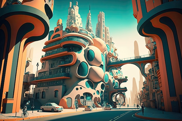Una ilustración de una ciudad virtual futurista con altos rascacielos, autos voladores y luces de neón en colores imaginativos y vibrantes Generado por AI