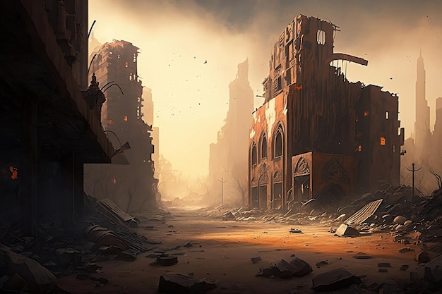 Ilustración de una clásica ciudad post-apocalíptica abandonada