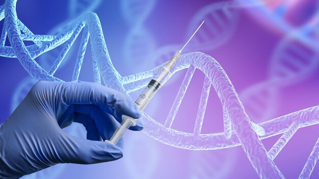 Ilustración clásica de la estructura del ADN de Scient y mano sujeta una jeringa