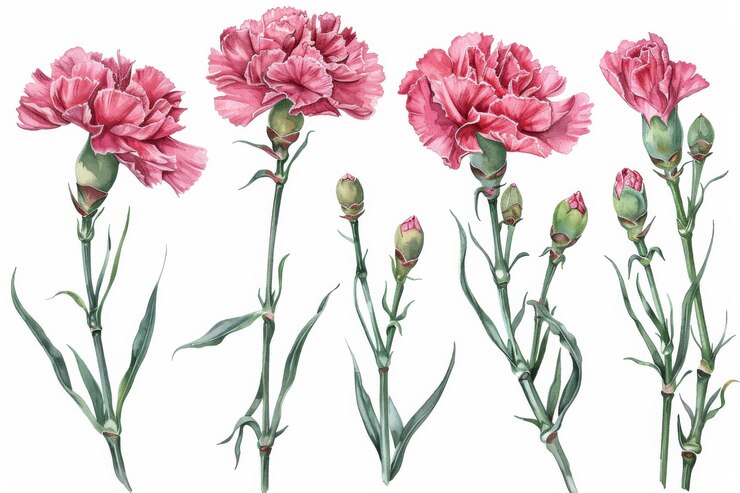 Ilustración de claveles rosados en flor con tallos y hojas detallados perfectos para el arte botánico y el diseño floral