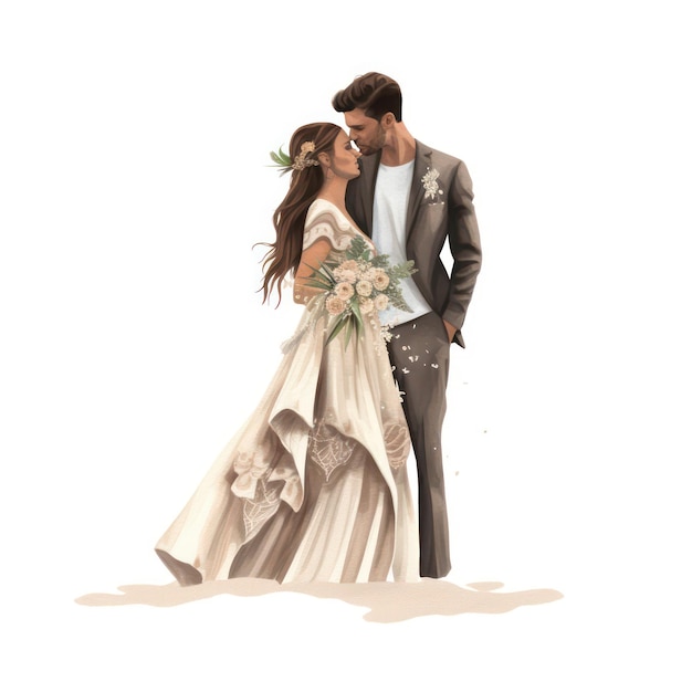 ilustración clipart de una boda en la playa, novios, boho, moderno, alto detalle