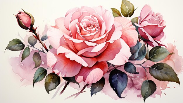 Ilustración de clipart de flor de rosa de acuarela y rama floral de rosa con hojas verdes sobre fondo blanco